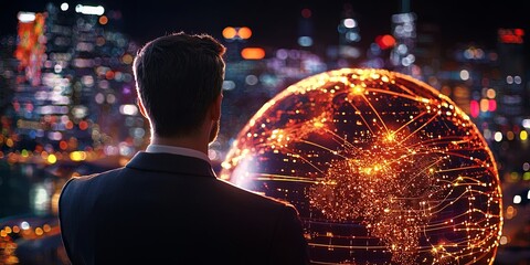 Poster - Businessman Observing Digital Globe with Global Connections Representing Innovation and Technology in Modern World at Night