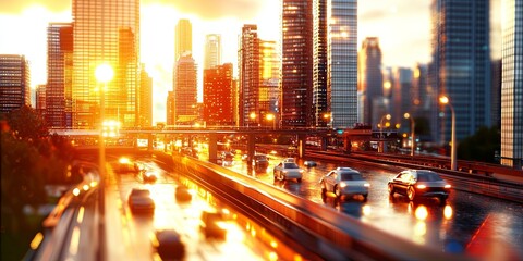 Aufkleber - Futuristic Cityscape with Vibrant Lights and Digital Elements in a High-Tech World