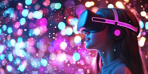 Poster - Young woman experiencing virtual reality technology with colorful digital effects in the background, showcasing the future of immersive entertainment and innovation.