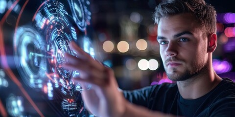 Aufkleber - Focused Young Man Analyzing Data on Futuristic Touchscreen Display in Dark Environment with Technology Visuals and Digital Elements