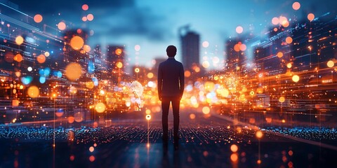 Aufkleber - Futuristic Digital World Map Visualization with Abstract Lights and Silhouette of Person in Cyber Environment for Technology and Innovation Themes