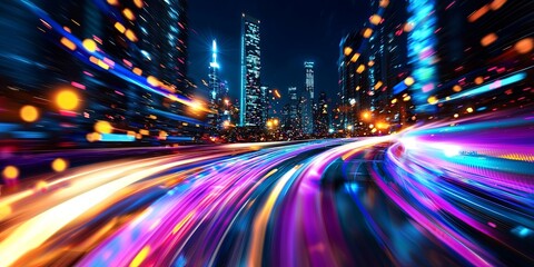 Poster - Dynamic motion blur of colorful city lights abstract background, perfect for showcasing energy, speed, and vibrant nightlife concepts in digital art