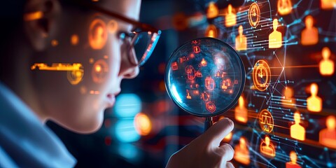 Poster - Young professional examining digital profiles through magnifying glass, surrounded by glowing abstract representations of people in a futuristic setting