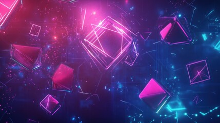 Wall Mural - neon gaming banner with geometric shapes, glowing cyber elements and futuristic lighting effects bac