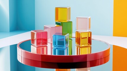Colorful transparent blocks arranged on a mirrored platform.
