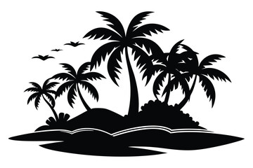 black silhouette shows tropical island with palm trees and birds soaring across a white sky