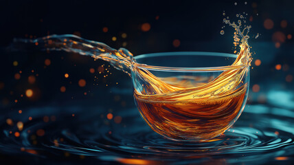 Wall Mural - steaming tea pouring into a glass cup on dark background creating a soothing atmosphere