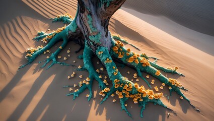 Exposed tree root with mushrooms in sand