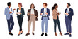 © Creative_Juice_Art - Flat vector illustration of business people in formal clothes having coffee break, communicating, talking, standing full length. Men and women in suits isolated on transparent background