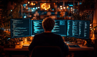 Programmer Working Late at Night with Triple Monitor Setup