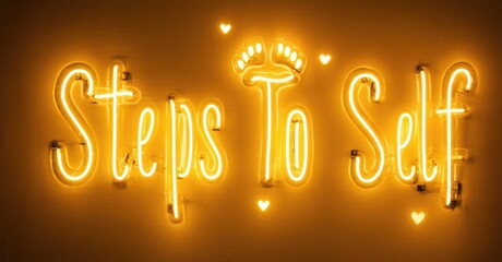 Fototapete - Bright neon sign displays text Steps To Self. Hearts accent message. Warm orange glow dominates dark background. Simple, positive vibe.