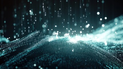 Abstract digital data waves dark background teal particles