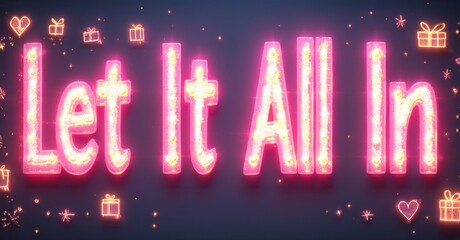 Aufkleber - Bright pink text reads Let It All In against dark purple backdrop. Gifts, hearts, stars decorate scene. Festive, vibrant design.