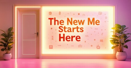 Poster - Bright room features doorway with illuminated sign reading The New Me Starts Here. Plants flank opening, creating welcoming space.
