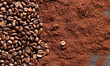 © Mariia - Coffee beans and ground coffee background. Roasted coffee beans on dark wooden background. Invigorating drink. Copy space. Top view of beans and coffee powder