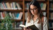 © DoelBast - Focused Female Student in Library with Book – Half Body