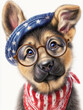© Iryna - German Shepard puppy in glasses,  a hat and bandana in colors of American flad at Indepence day in July