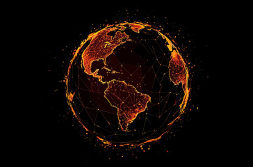 Wall Mural - digital low poly earth globe with glowing orange continents and connected network lines dots on blac