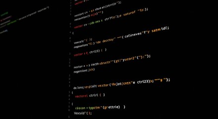 A developer writes code on a dark-themed interface, lines of colorful syntax glowing on the screen. Perfect representation of modern programming and tech innovation in action
