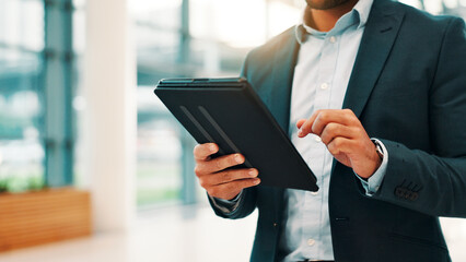 Aufkleber - Business, hands and tablet with man in office for app, planning or social media browsing. Internet, search and website with employee person scrolling on device for information, research or update