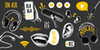© Polinmr - Halftone paper cutout collage elements, podcast theme. Pop art stickers with bright yellow doodles, design for blog, cover, club. Cuttings from magazines, punk grunge style.