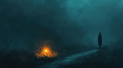 Wall Mural - A solitary figure holding a glowing lantern, standing at the edge of a narrow, shadowy path, where the darkness ahead feels thick and oppressive, evoking a sense of fear and suspense