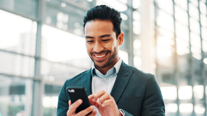 Aufkleber - Lobby, happy and business man with phone in office for communication, connection and social media. Professional, corporate and person on smartphone for contact, online website and B2B networking