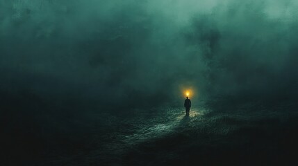 Wall Mural - A man holding a lantern that illuminates a tiny patch of a pitch-black path, with the rest of the road disappearing into an unsettling void of shadows and mist