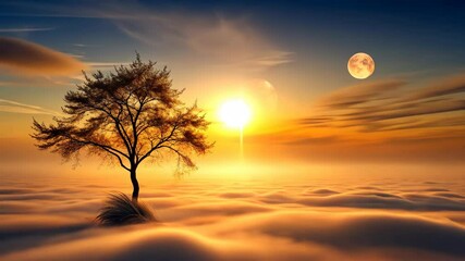Wall Mural - serene tree on a cloud island during a golden sunset with the moon