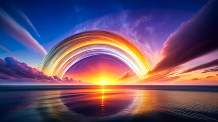 Wall Mural - vivid sunset dreamscape a colorful ocean horizon with a rainbow arching over a tranquil sea