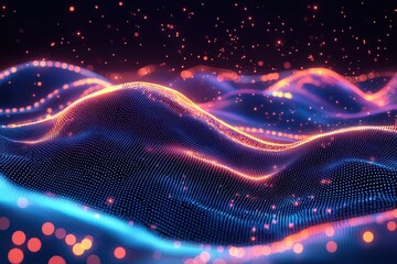 Wall Mural - abstract digital landscape with glowing neon waves and particles in a futuristic cybernetic environm