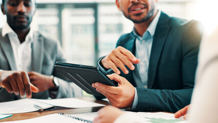 Aufkleber - Meeting, office and hands of business people with tablet for online project, collaboration and discussion. Professional, corporate team and workers on digital tech for research, website and proposal