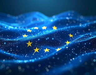 European Union flag rendered as a digital wave with glowing yellow stars on a blue surface symbolizing technology and unity