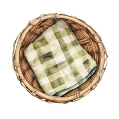 Fototapete - Watercolor rendition of a rustic woven basket with a checkered cloth inside