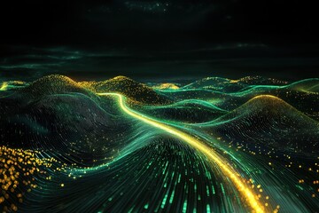Wall Mural - ** futuristic digital landscape with glowing neon waves and dots creating a dynamic and abstract cyb