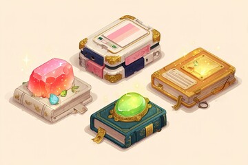 Wall Mural - colorful magical books with gems displayed on a light background, showcasing creativity and fantasy 