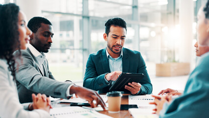 Poster - Business, people or meeting with tablet for planning, campaign management or project feedback in office. Company team, man leader or paperwork at tech for brainstorming, finance review or information