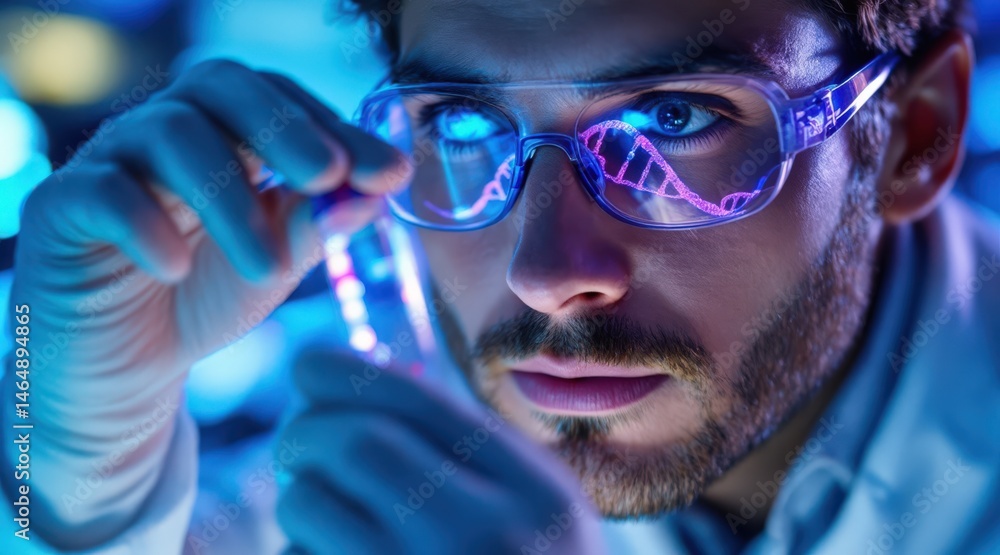 Scientist examining a glowing DNA strand with futuristic glasses in a ...