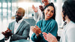 © peopleimages.com - Applause, meeting and business people in office with achievement, winning or target. Happy, cheering and team of financial managers with clapping hands for support on good news on company investment.