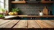 © Phascharaporn - Rustic wooden table, blurred kitchen backdrop, cooking, scene