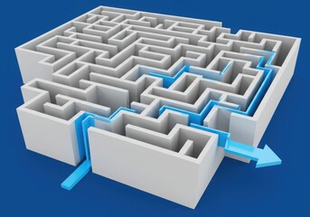 white maze with a blue path showing the solution on a blue background design