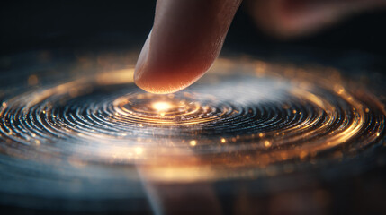 Wall Mural - fingertip touching a surface, creating concentric golden ripples, suggesting innovation, technology,
