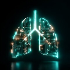 Leinwandbilder - Digital Lungs: A luminous teal circuit board representing healthy pulmonary system on a dark background symbolizes advanced medical technology.