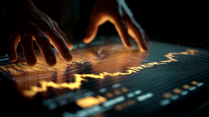 Hands interacting with a glowing digital interface displaying data graphs, symbolizing technological advancement, data analysis, and modern business