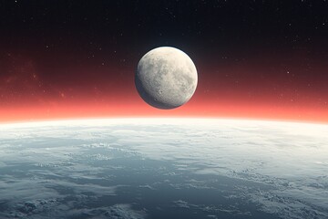 Wall Mural - majestic moonrise over icy planet dramatic space scene with red horizon