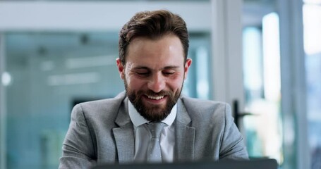Fototapete - Businessman, typing and smile with laptop at office, project and budget review at insurance agency. Person, financial consultant and computer with feedback, results or contact at corporate company