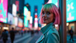 © Grow with Dani - A stylish woman stands confidently on a city street at night, with bright, colorful lights in the background. She exudes a sense of urban cool and chic sophistication.