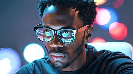 Concentrated african american programmer coding intensely, wearing glasses, computer screen illuminating dark workspace with blurred colorful lights behind