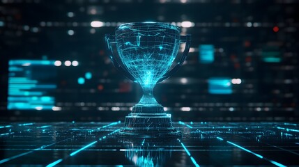 digital trophy on a glowing network platform.