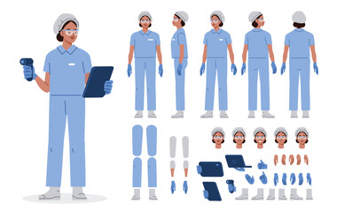 Wall Mural - manufacture quality control worker wearing hairnet, uniform holding scanner. character for animation